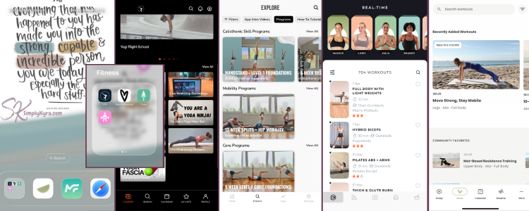 Image shows a collage of my Home Screen and some of my main apps including Yogi Flight School, Calisthenics with Kaylee, MadFit, and Lindywell.