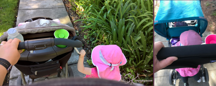 Collage of me pregnant with a toddler holding onto the hook on the stroller and later with two in the stroller.