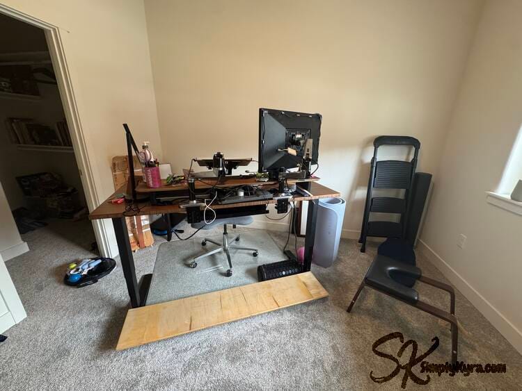 First configuration had my desk at an angle with my workout stuff gathered around it.