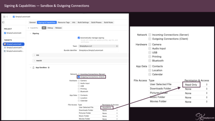 Signing and Capabilities with the sandbox view and checked off outgoing connections. The difference between read only files and read/write is shown.