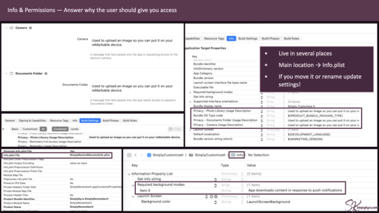 Info and Permissions can show up in many different places. This shows some along with where ti change the info.plist name.