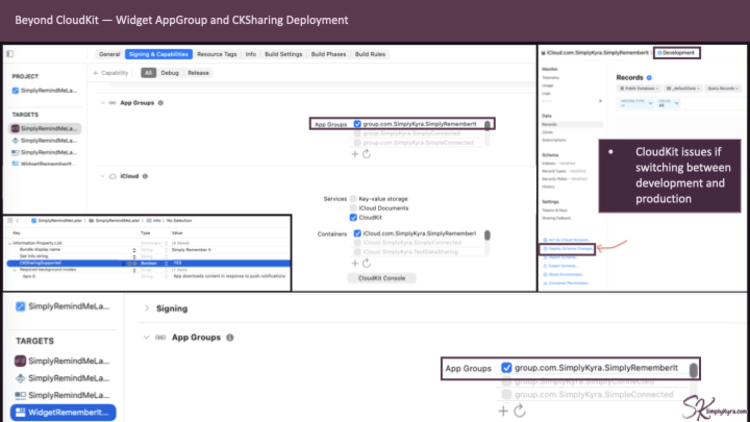 Beyond CloudKit shows the widget extension with the app group selected and where you can find the deploy button on the website. 