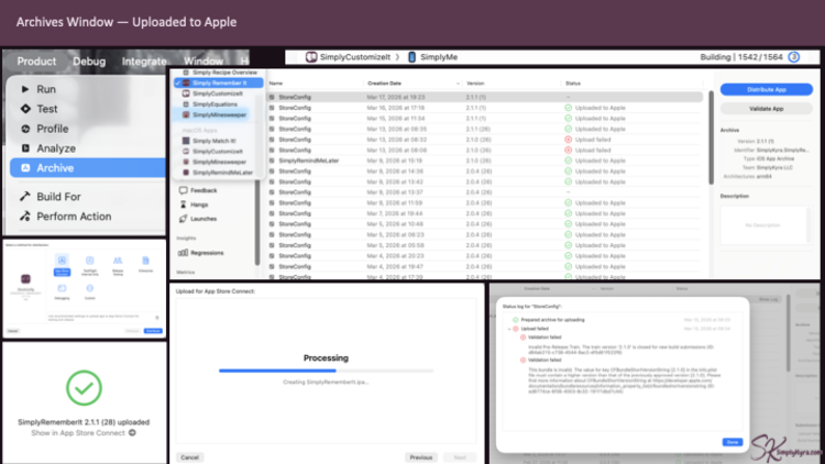 Collage showing where to go and the steps to upload to App Store Connect.