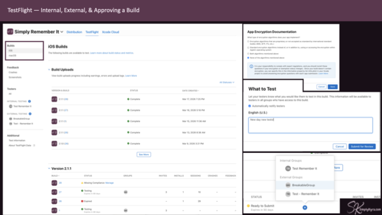 TestFlight section shows the uploaded builds by target. After marking encryption level you can assign it to groups and say what they should test. 