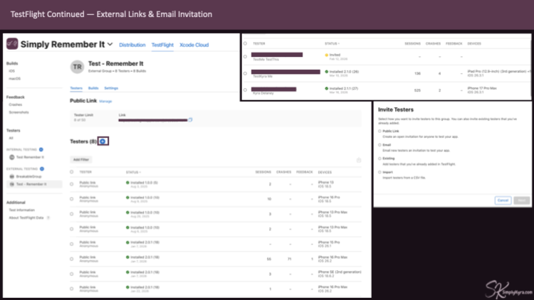If you go into the group you can see your testers including what device they're using and how many sessions. Inviting more testers can be done in several ways. 