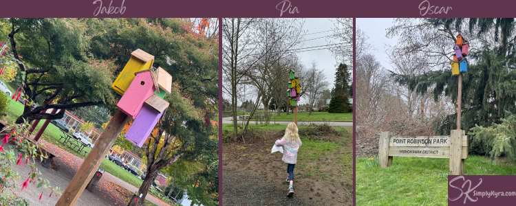 Collage showing the birdhouses signaling (from left to right) Jakob, Pia, and Oscar.
