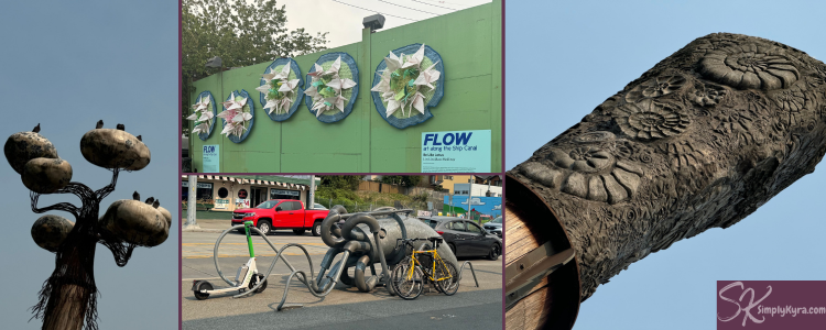 Collage showing the statues where we ate lunch, a really cool bike holder, and the crocheted (knitted?) origami wall.