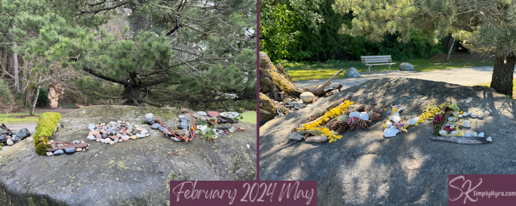 Collage comparing the February and May 2024 Love letters laid out on the rock.