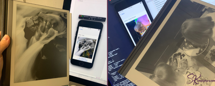 Two images showing the sleep screen image on both the iphone simulator with the reMarkable showing the black and white version in front of it.