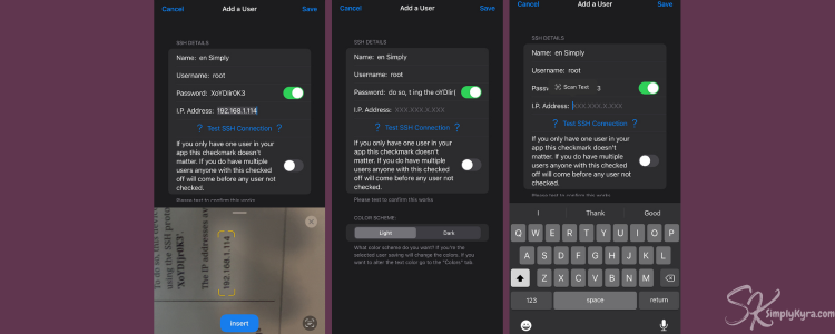 Collage of three images of the phone screen showing dark mode and the image processing for the username, password, and IP address.