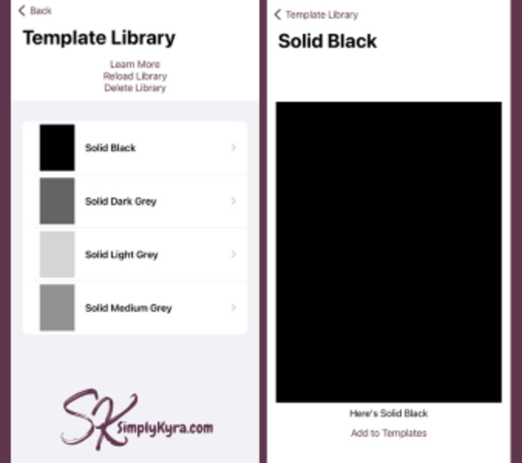 Image shows the template library with four solid templates next to the example of the solid black one.