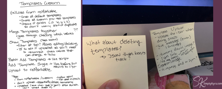 Collage of the steps for custom templates (on reMarkable) and interesting questions I felt I needed to solve.