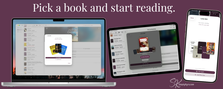 Text: "Pick and book and start reading". Images left to right: Open laptop showing three books fanned out, iPad with dimmed books in a row and one open in front, and phone showing a set of five books. 