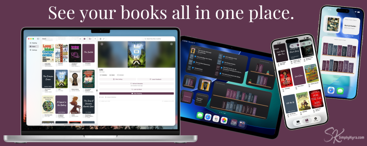 Text: "See your books all in one place". Images left to right: open laptop showing the books with one open, iPad with widgets in dark mode surfacing books, iPhone with books showing in a grid, and another iPhone with widgets in light mode.  