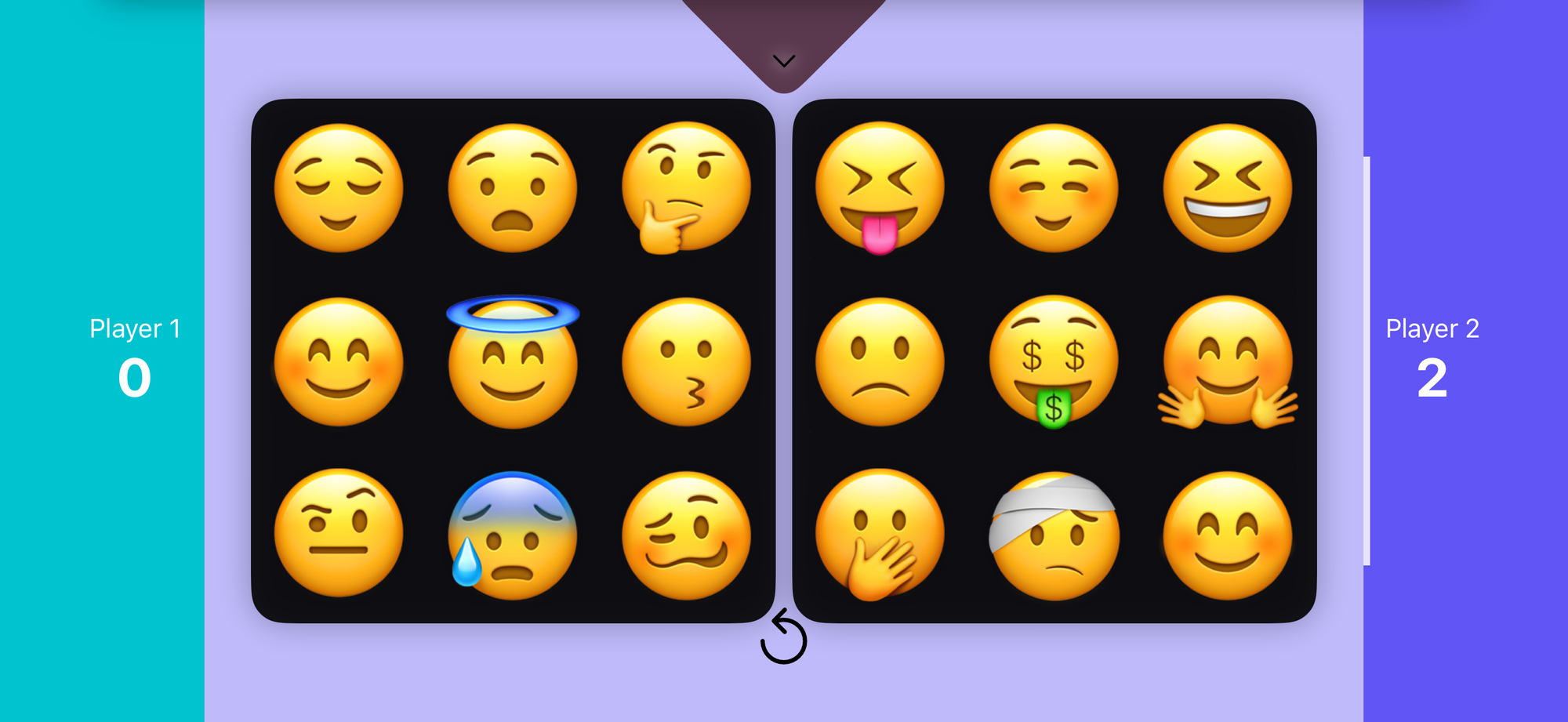 iPhone screen in landscape showing two players racing to match emoji faces, with a teal panel for Player 1 and a purple panel for Player 2 showing the score. Player 2's timer is going.