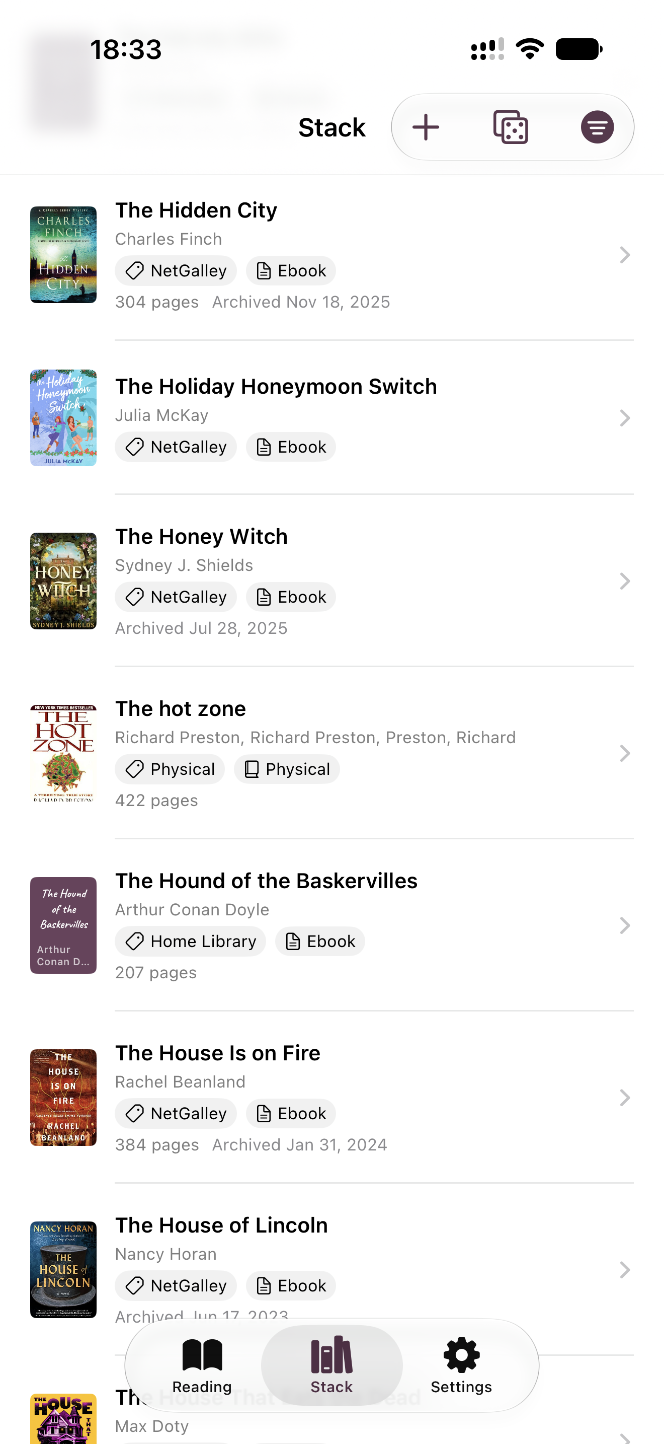 Phone screen showing a scrollable list of books with cover thumbnail, title, author, source tag, format tag, and archive date for each.