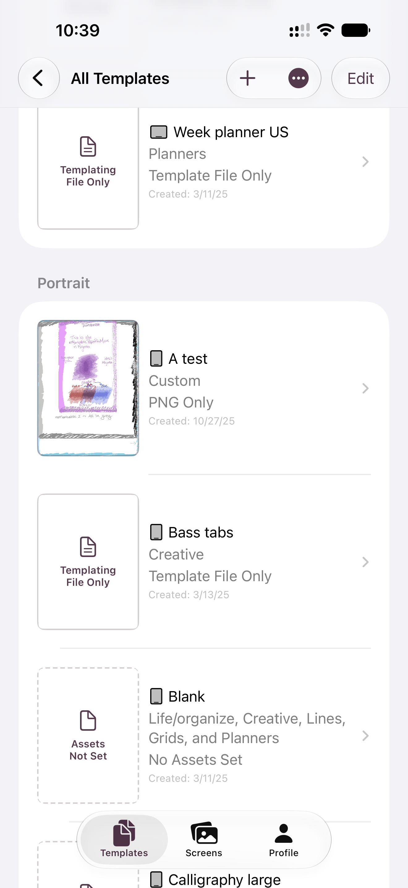 Phone screen showing a scrollable list of custom templates with icons, category tags, and creation dates, grouped by portrait and landscape orientation.