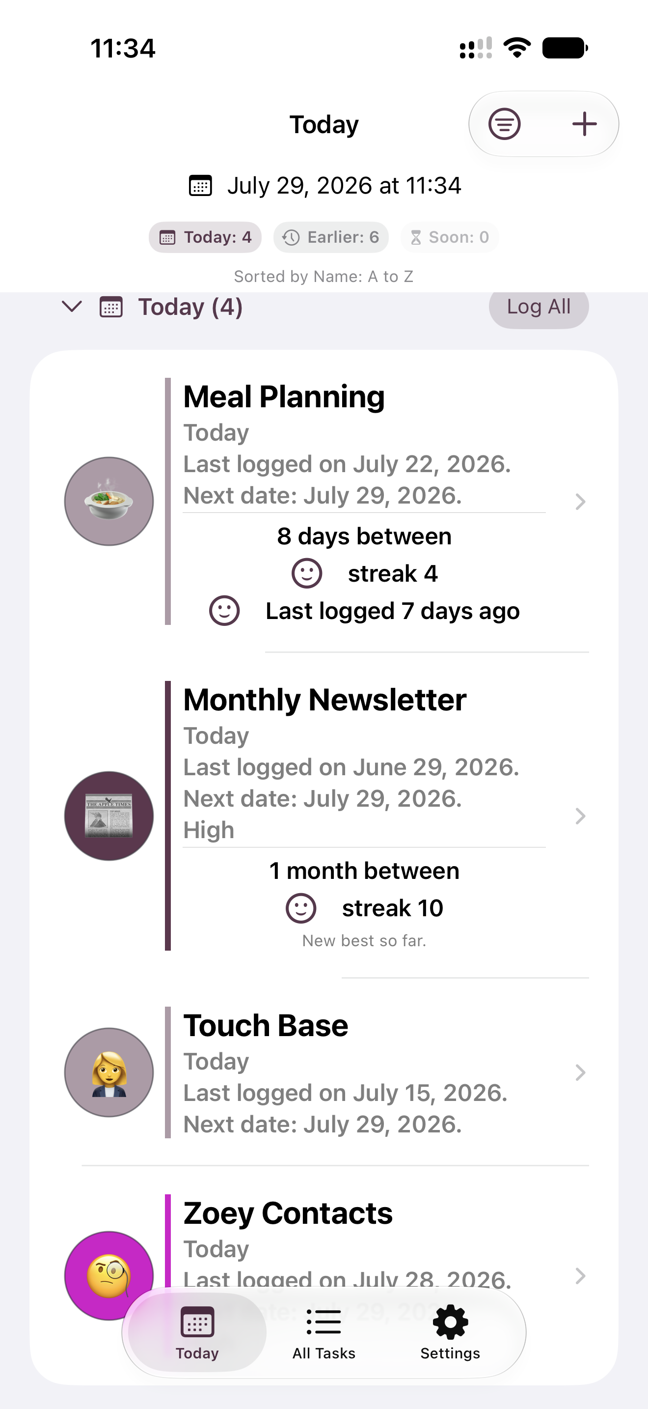 Phone screen showing the Today view with four tasks due, including Meal Planning and Monthly Newsletter, with streak counts and a Log All button, in light mode.