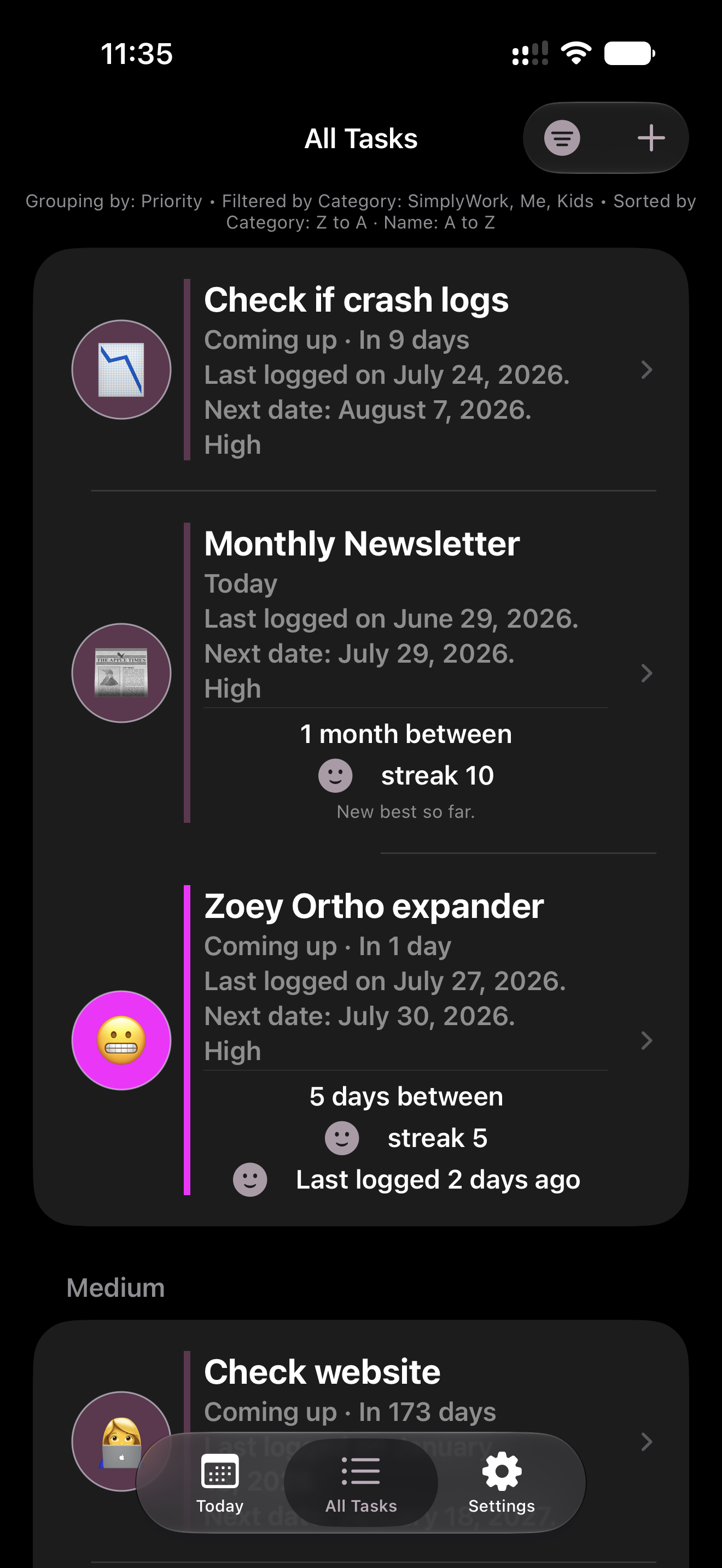 Phone screen showing the All Tasks view grouped by priority in dark mode, listing tasks with due dates, streaks, and priority labels.