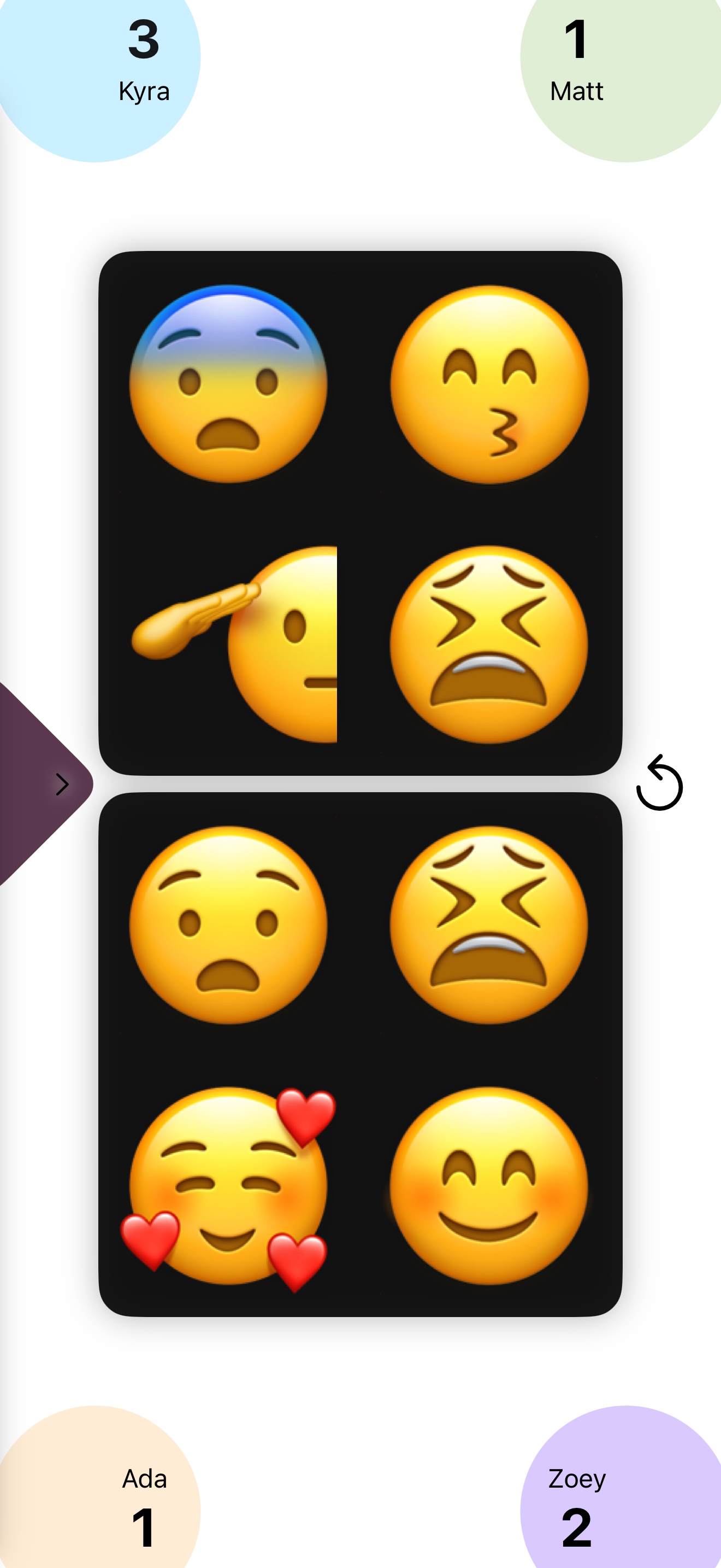 iPhone screen in portrait showing a four-player round with named players Kyra, Matt, Ada, and Zoey each in a colored circle showing their score, above a two-by-two grid of emoji cards.