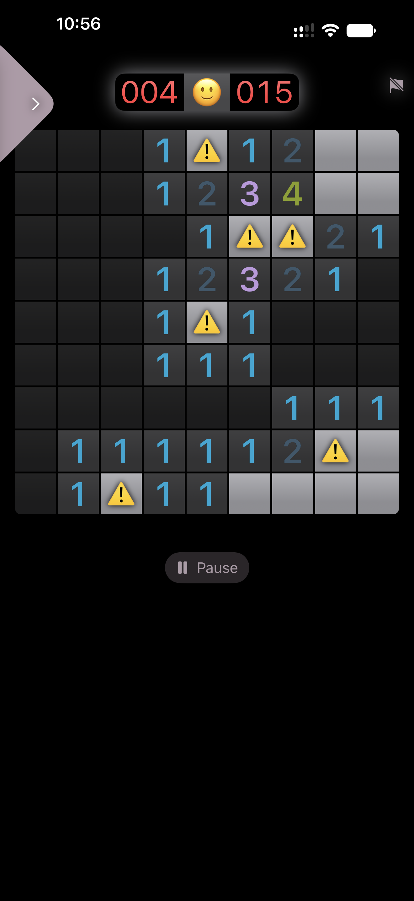 iPhone screen showing the same puzzle board in dark mode, with numbers in blue, purple, and green, warning-triangle markers on several squares, and a counter showing 4 flagged and 15 total mines.
