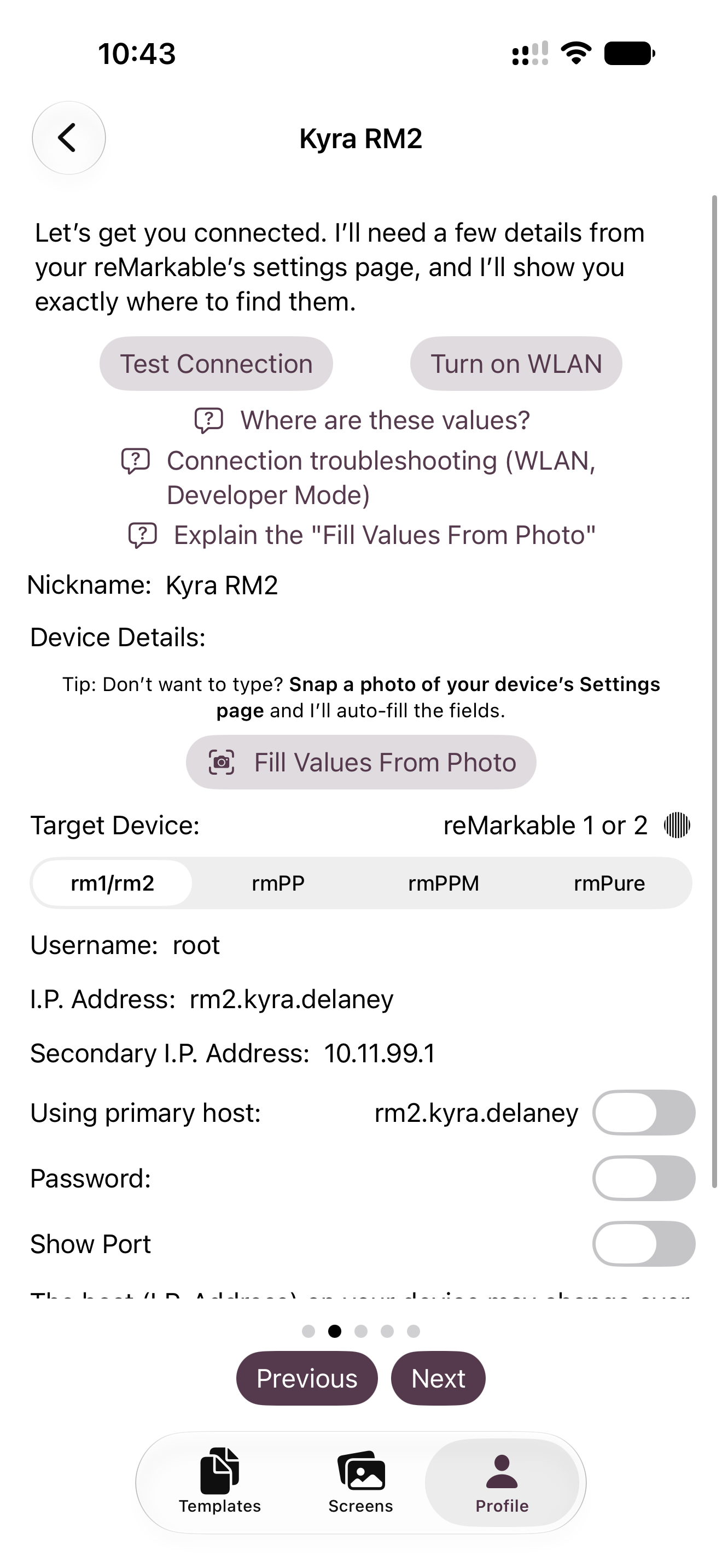 Phone screen showing a device connection setup form with fields for username, IP address, and password, plus buttons to test the connection, turn on WLAN, or fill in details from a photo.