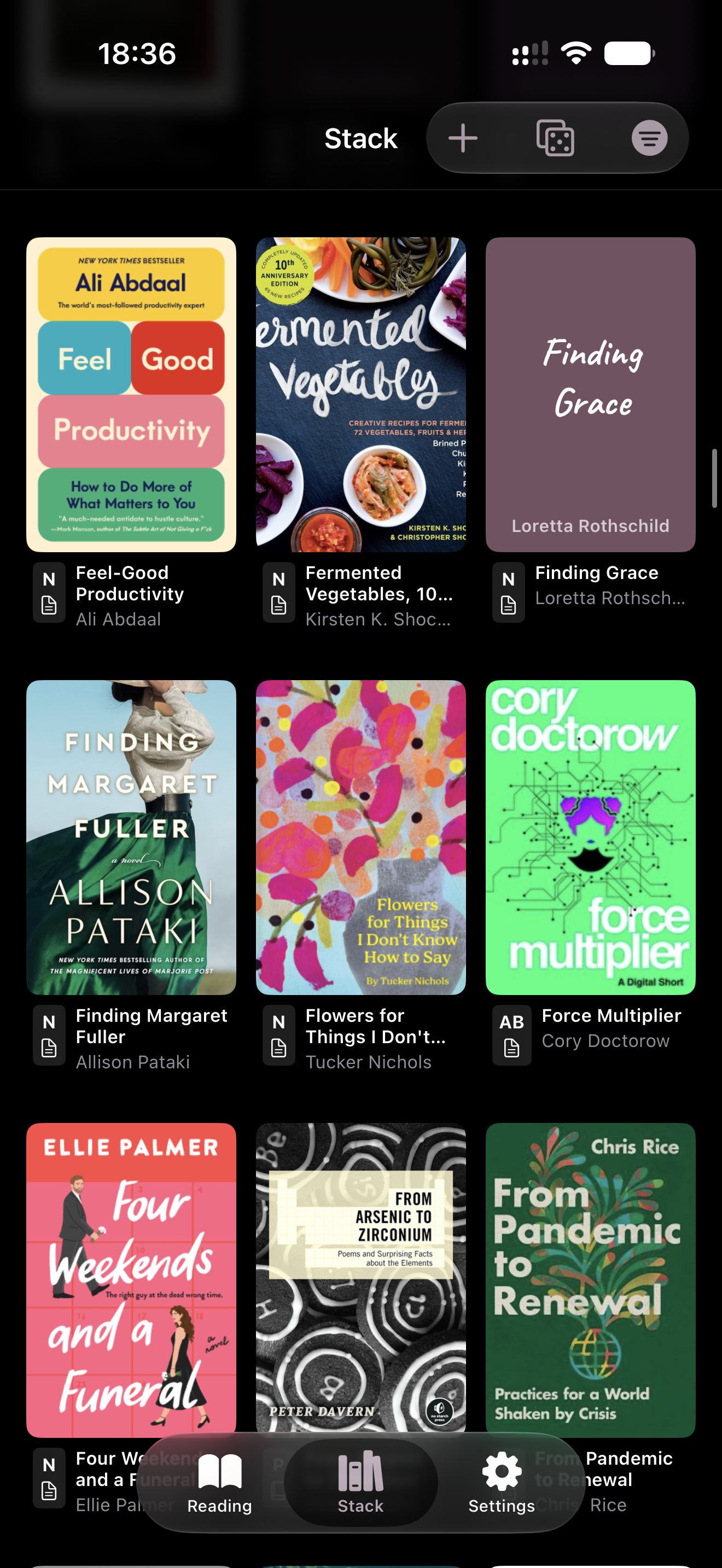 Phone screen showing a grid of book cover thumbnails on a dark background, with Stack heading and add, dice, and filter buttons at top.