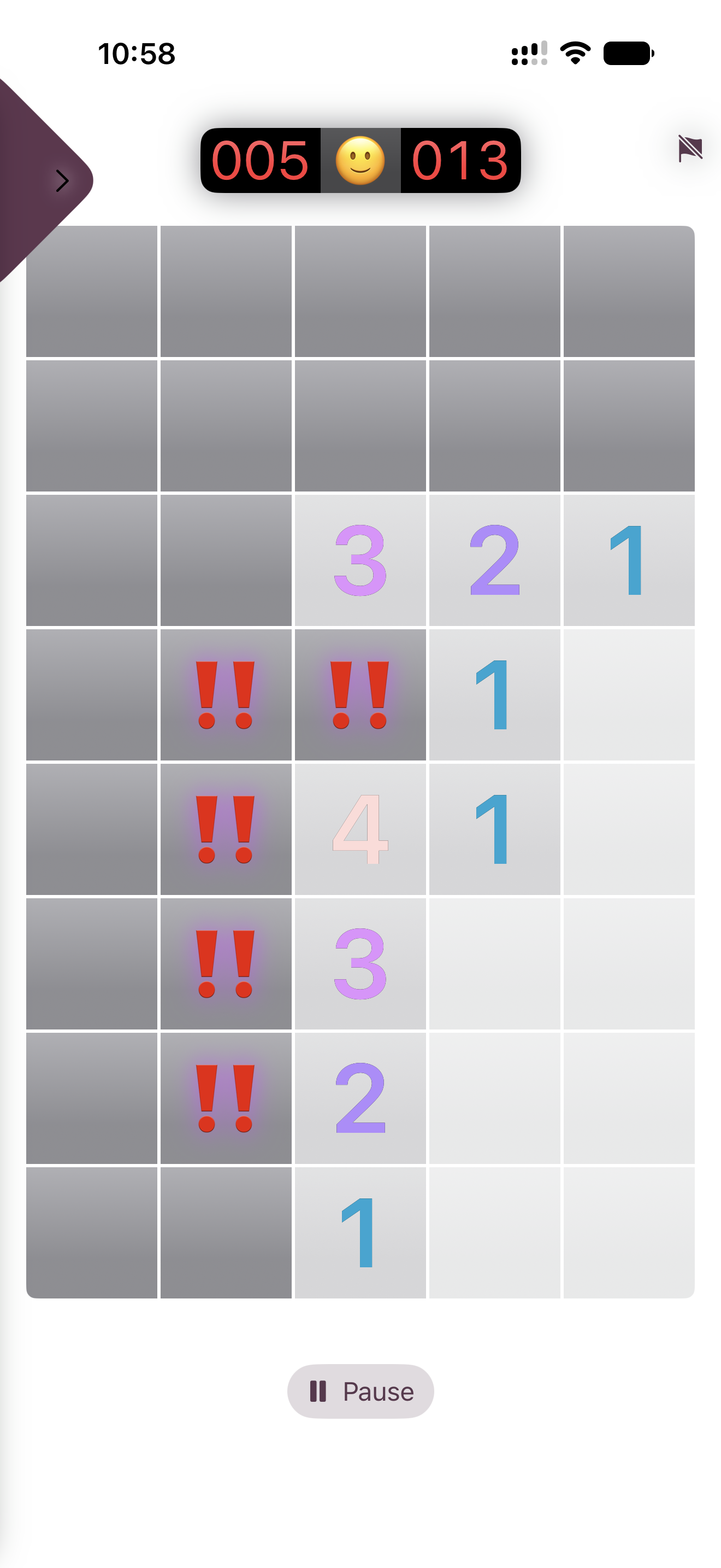 iPhone screen showing a narrow five-column custom board with purple and blue numbers, several squares marked with red double-exclamation warning icons, and a counter showing 5 flagged and 13 total mines.