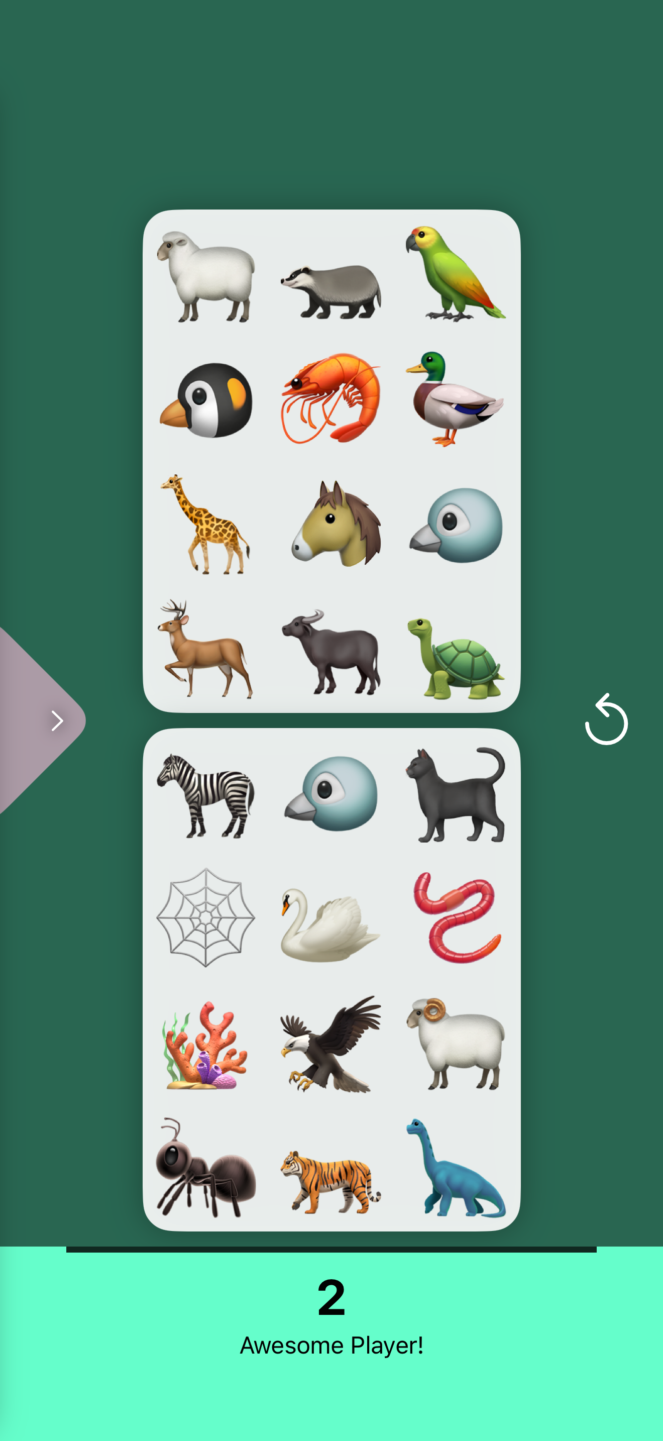 IPhone screen showing a solo mode results banner reading "2, Awesome Player!" above two grids of animal emoji cards.