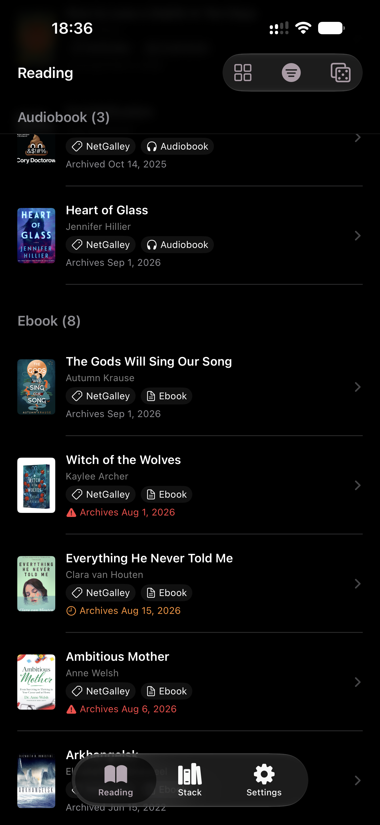 Phone screen showing the Reading tab grouped by format, with Audiobook and Ebook sections listing in-progress books and their archive dates.