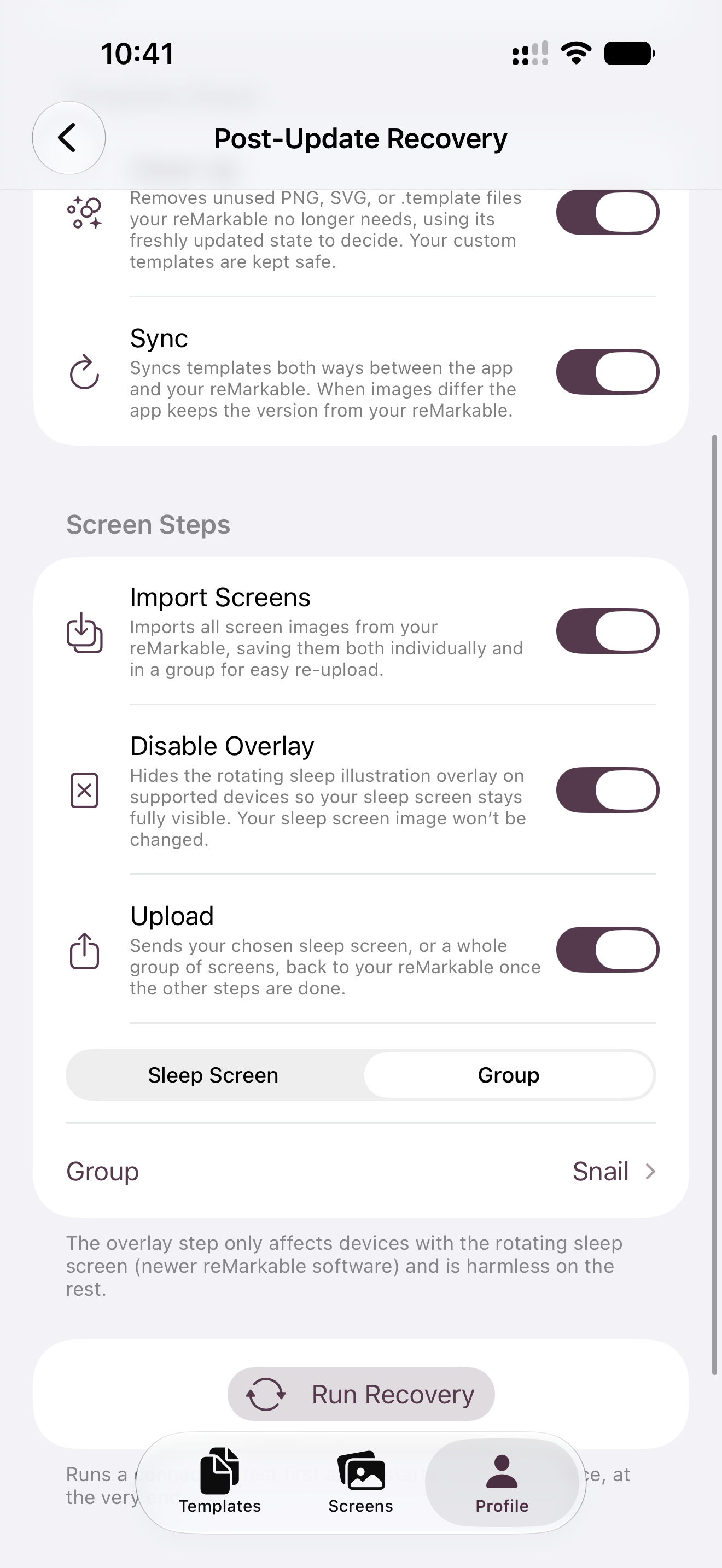 Phone screen showing Post-Update Recovery settings with toggles for cleaning up template files, syncing, importing screens, disabling the sleep screen overlay, and uploading a screen group, with a Run Recovery button below.