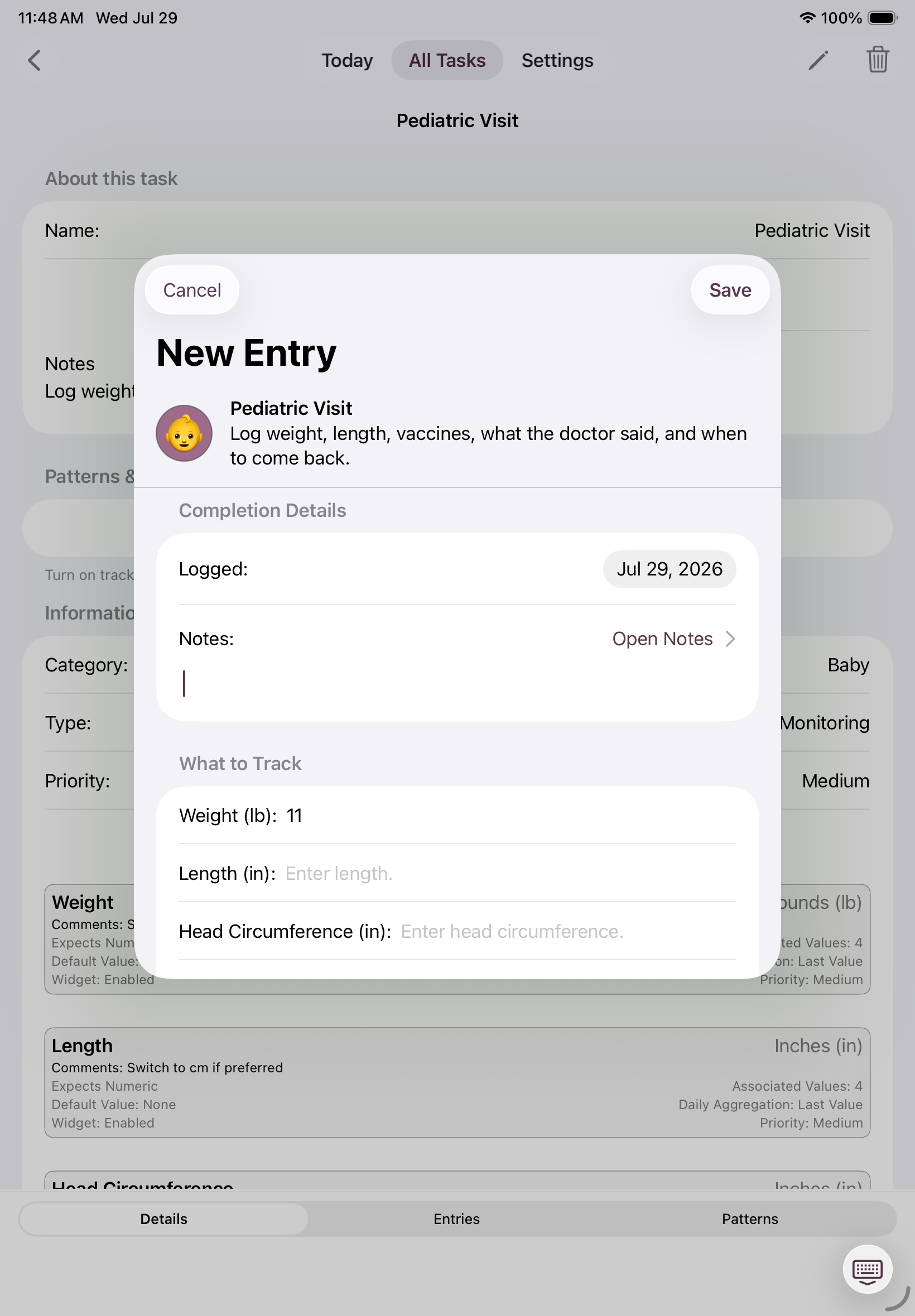 iPad screen showing a new entry form for a Pediatric Visit task with fields for weight, length, and head circumference.
