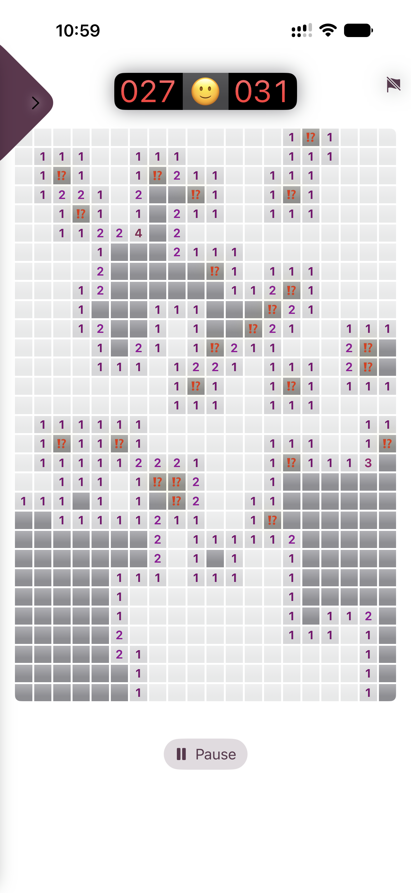 iPhone screen showing a large multi-row custom board filled with purple numbers, several squares marked with warning-question icons, and a counter showing 27 flagged and 31 total mines.