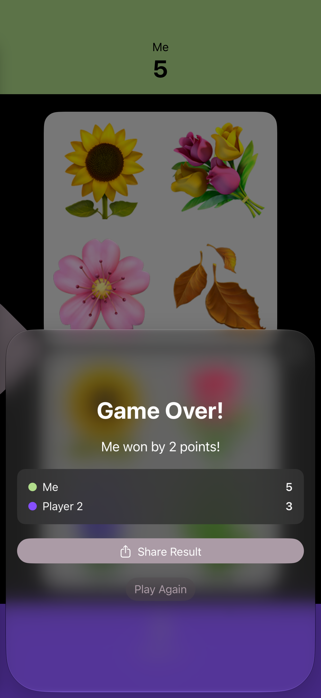 iPhone screen showing a Game Over screen with "Me won by 2 points!," a score list, and a Share Result button, over a blurred flower-themed card in the background.