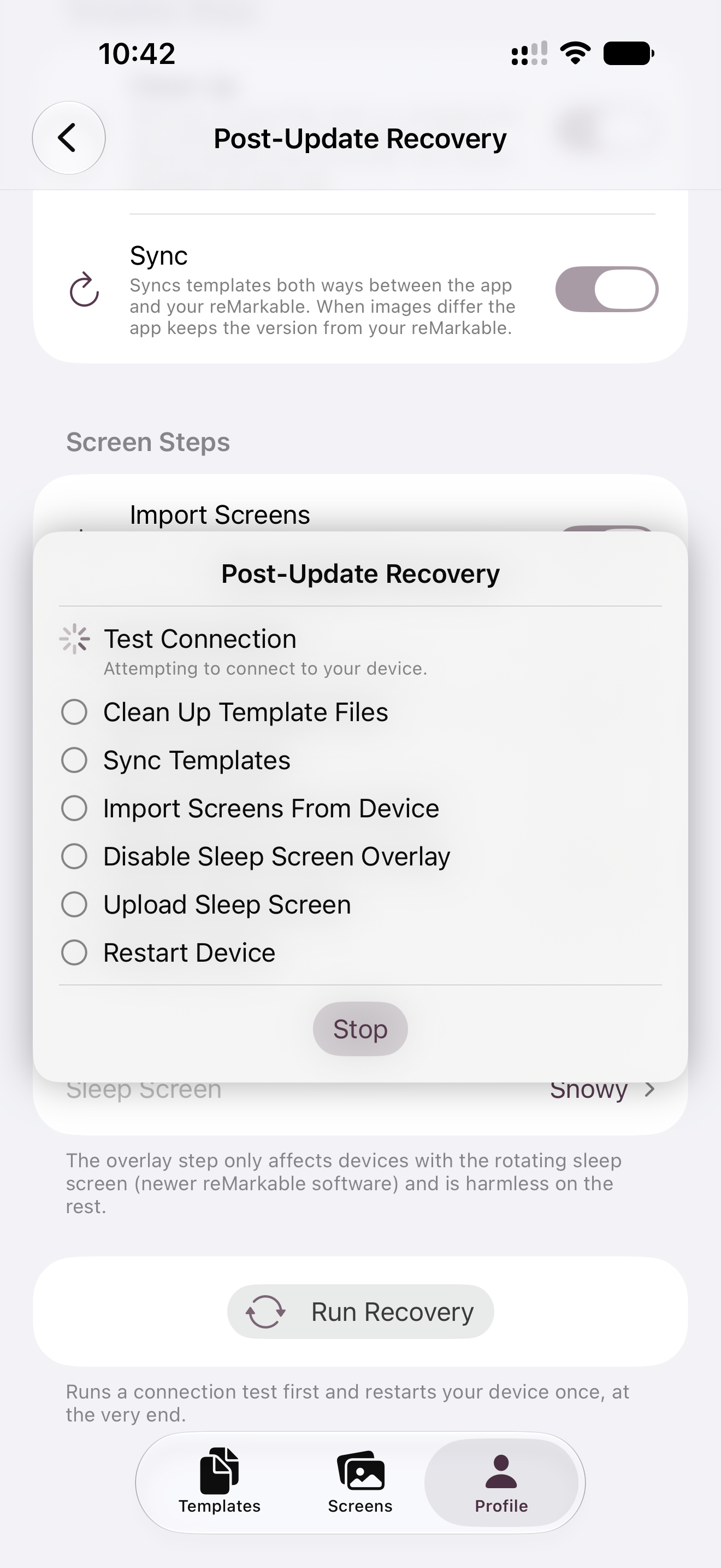 Phone screen showing a Post-Update Recovery progress checklist with steps for testing the connection, cleaning up template files, syncing templates, importing screens, disabling the sleep screen overlay, uploading the sleep screen, and restarting the device.