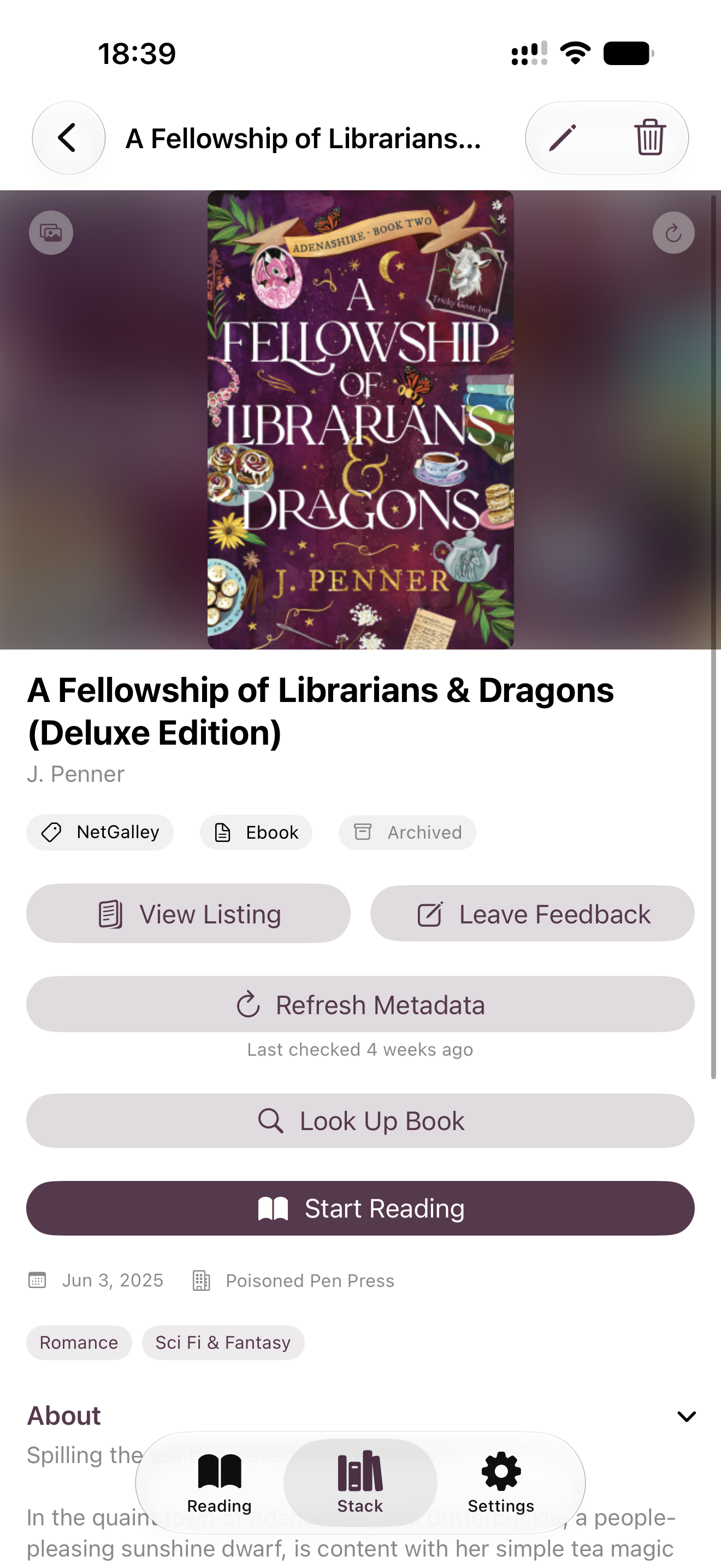 Phone screen showing a book's detail page with full cover image, title, author, source and format tags, and action buttons including View Listing, Leave Feedback, Refresh Metadata, and Start Reading.