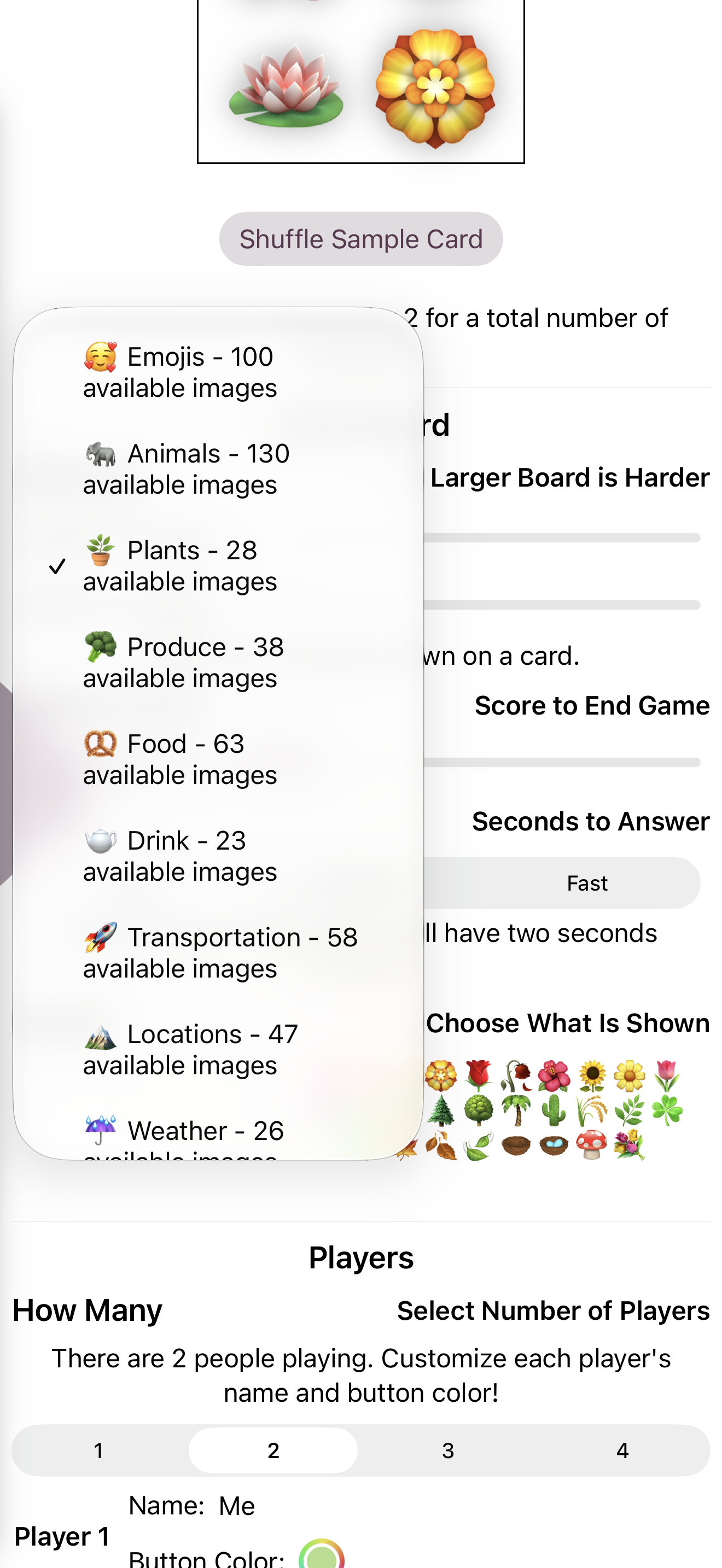 iPhone settings screen with a dropdown list of emoji categories open, showing Emojis, Animals, Plants, Produce, Food, Drink, Transportation, Locations, and Weather, with Plants checked.
