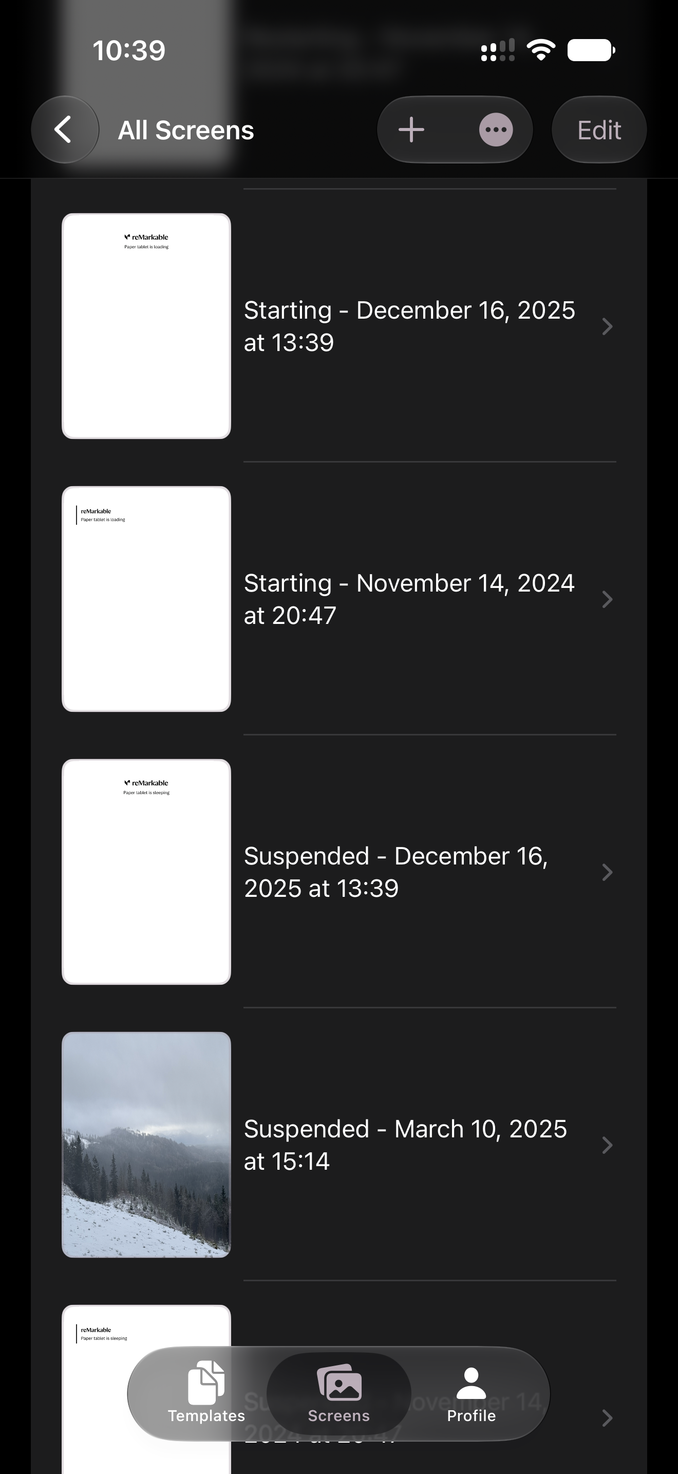Phone screen in dark mode showing a scrollable list of saved sleep screen images labeled Starting or Suspended, each with a date and time.