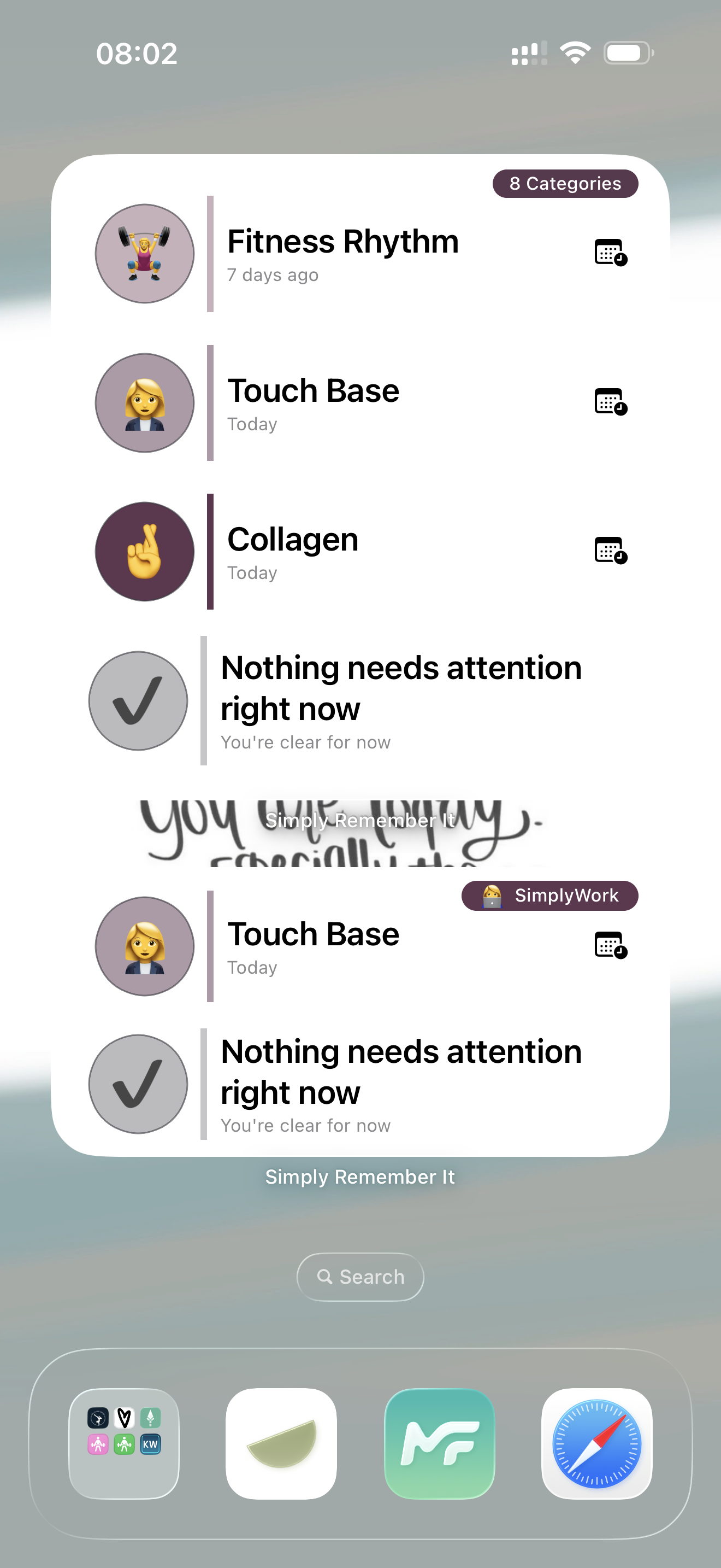Phone home screen widget reading "Nothing needs attention right now, you're clear for now" alongside upcoming task widgets.