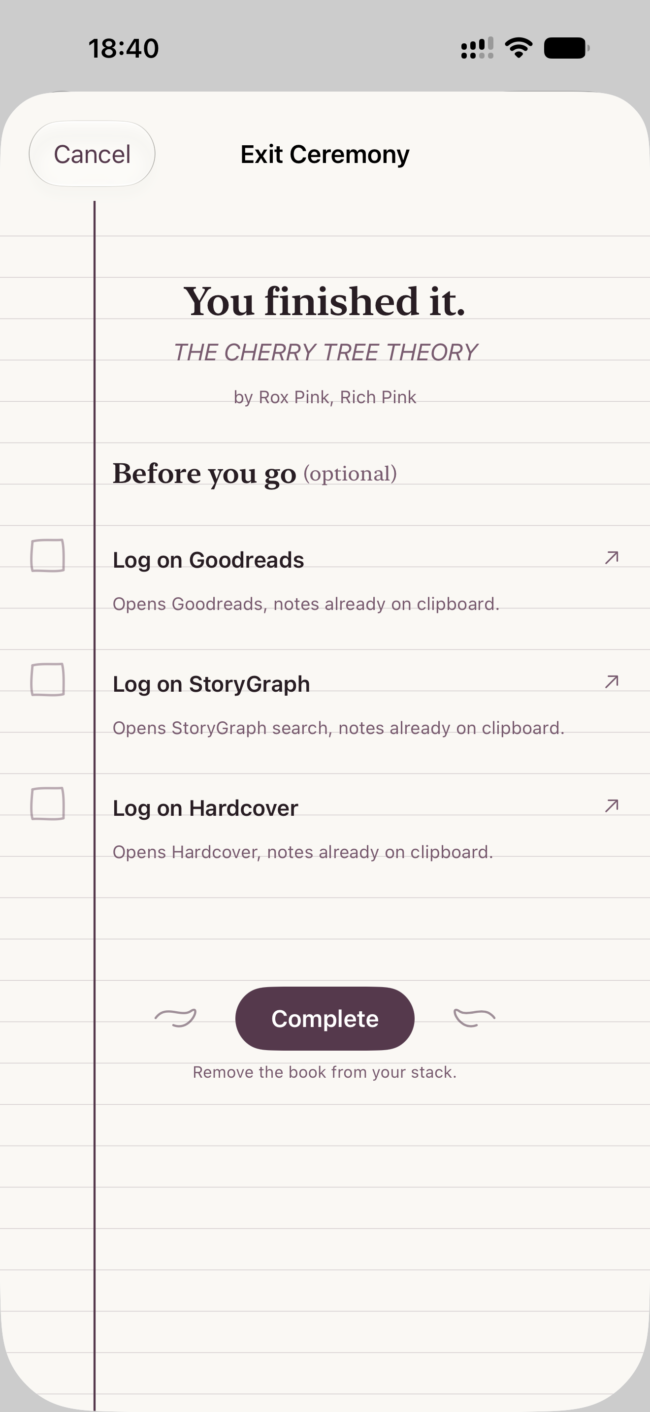 Phone screen showing an Exit Ceremony confirmation with the message "You finished it," the book title and author, and optional checkboxes to log the book on Goodreads, StoryGraph, and Hardcover.
