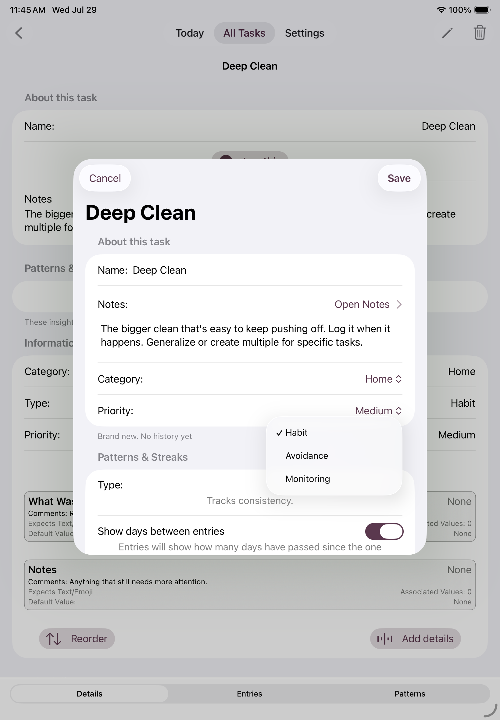 iPad screen showing a task's Type field open as a dropdown with Habit, Avoidance, and Monitoring options.