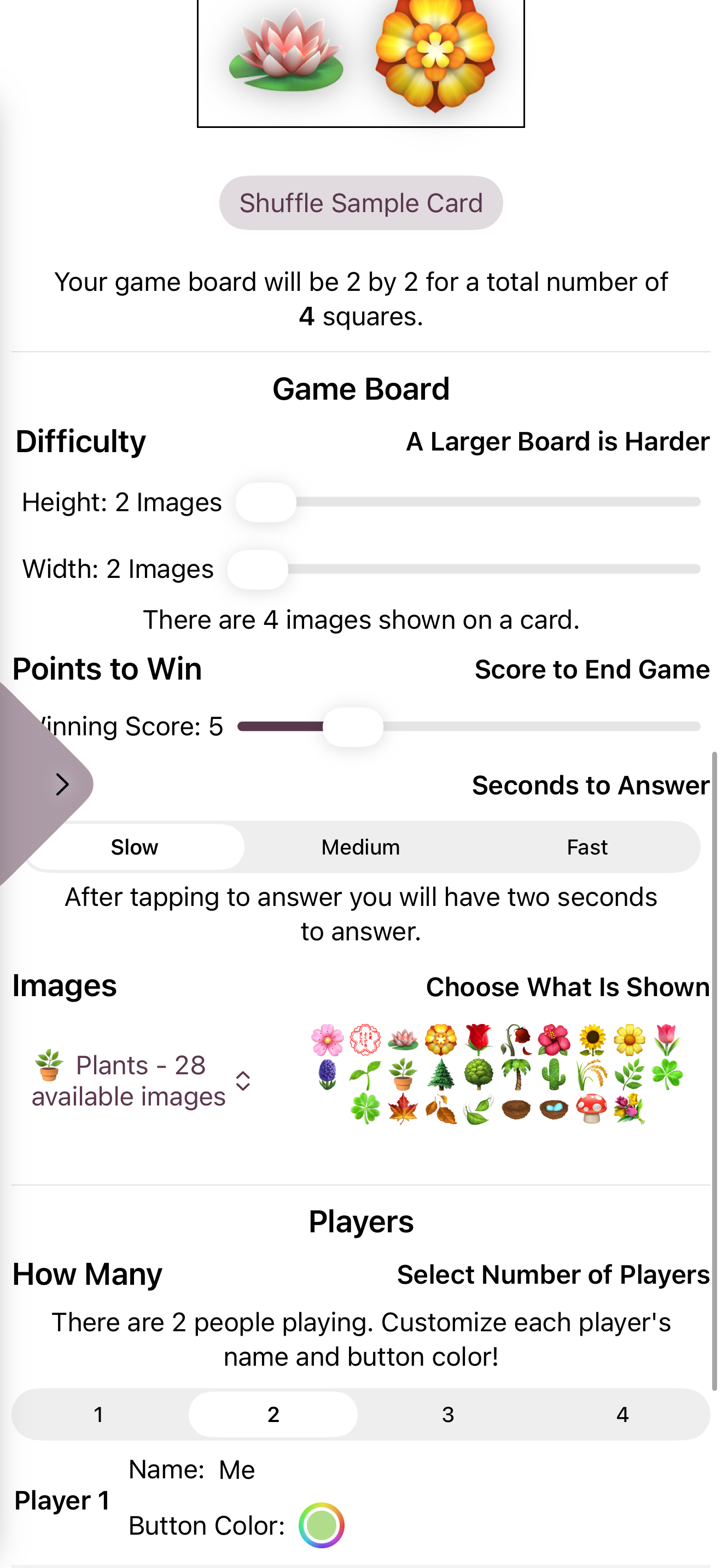iPhone settings screen showing game board difficulty sliders, points to win, answer speed options, the selected Plants emoji set, and the start of player customization.