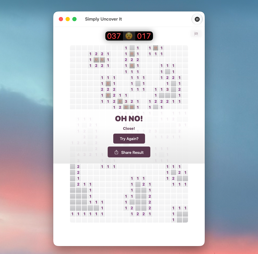 Mac app window titled Simply Uncover It showing a large completed board, a sad-face counter reading 37 flagged and 17 total mines, and a game-over dialog reading 'Oh No!' with Try Again and Share Result buttons.