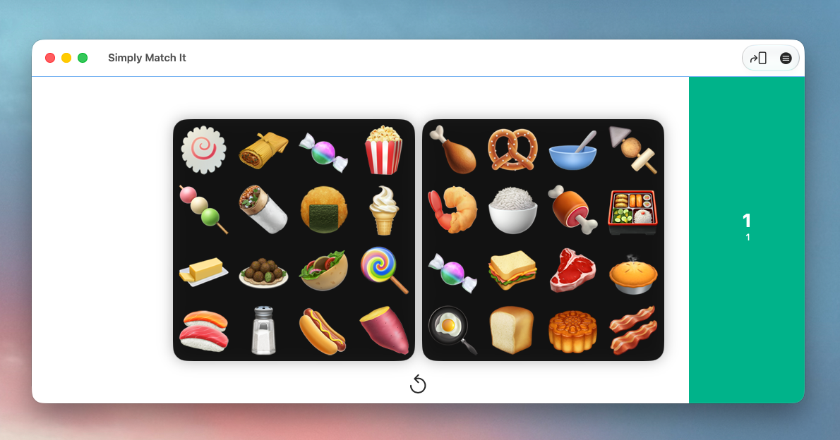 Mac app window titled Simply Match It showing a solo round with food emoji cards and a green sidebar showing the score.