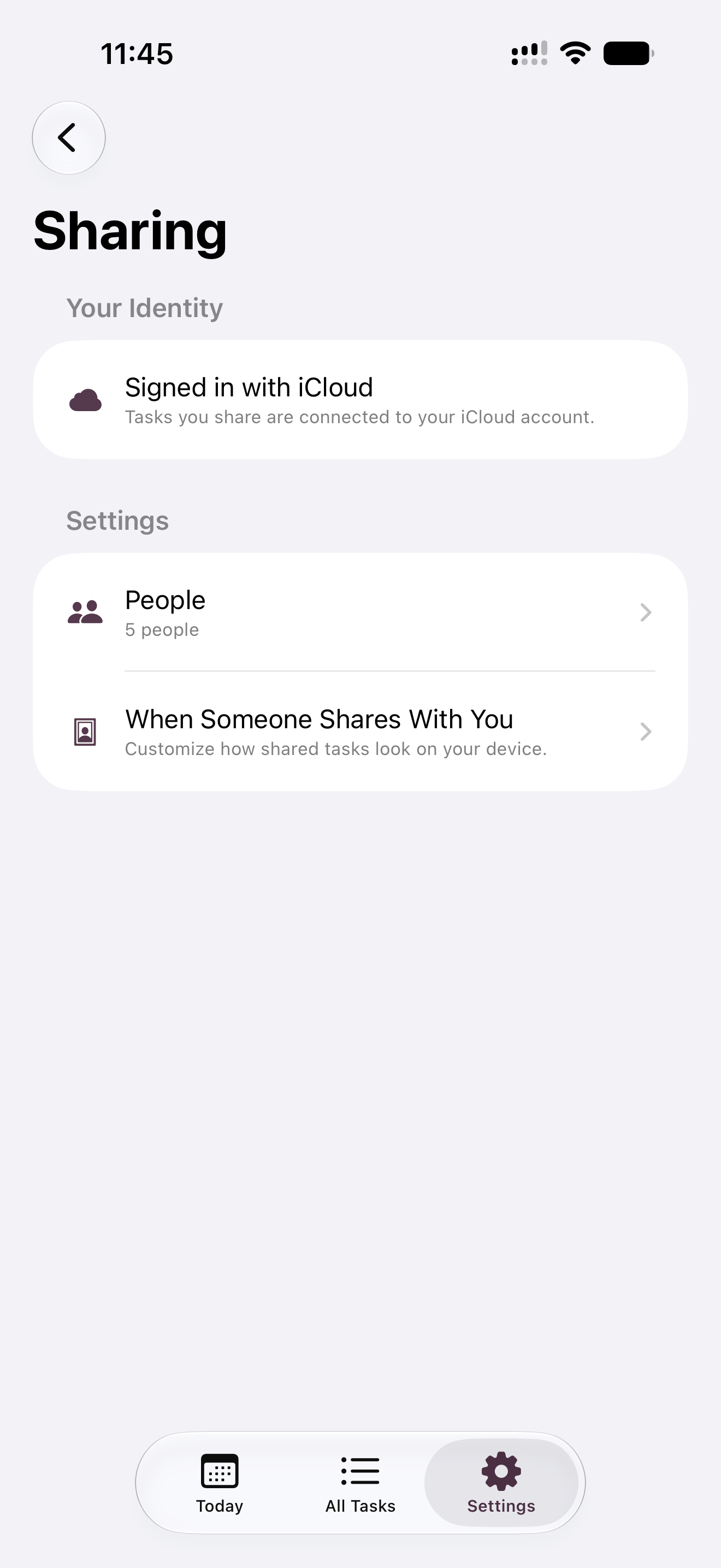 Phone screen showing Sharing settings with iCloud identity, a People list, and options for how shared tasks appear.