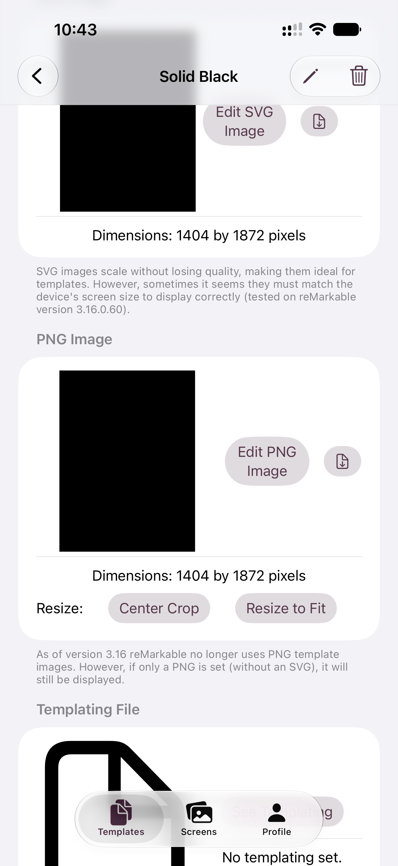 Phone screen showing a template named Solid Black with separate SVG and PNG image sections, each showing dimensions and an edit button, with a templating file section below.