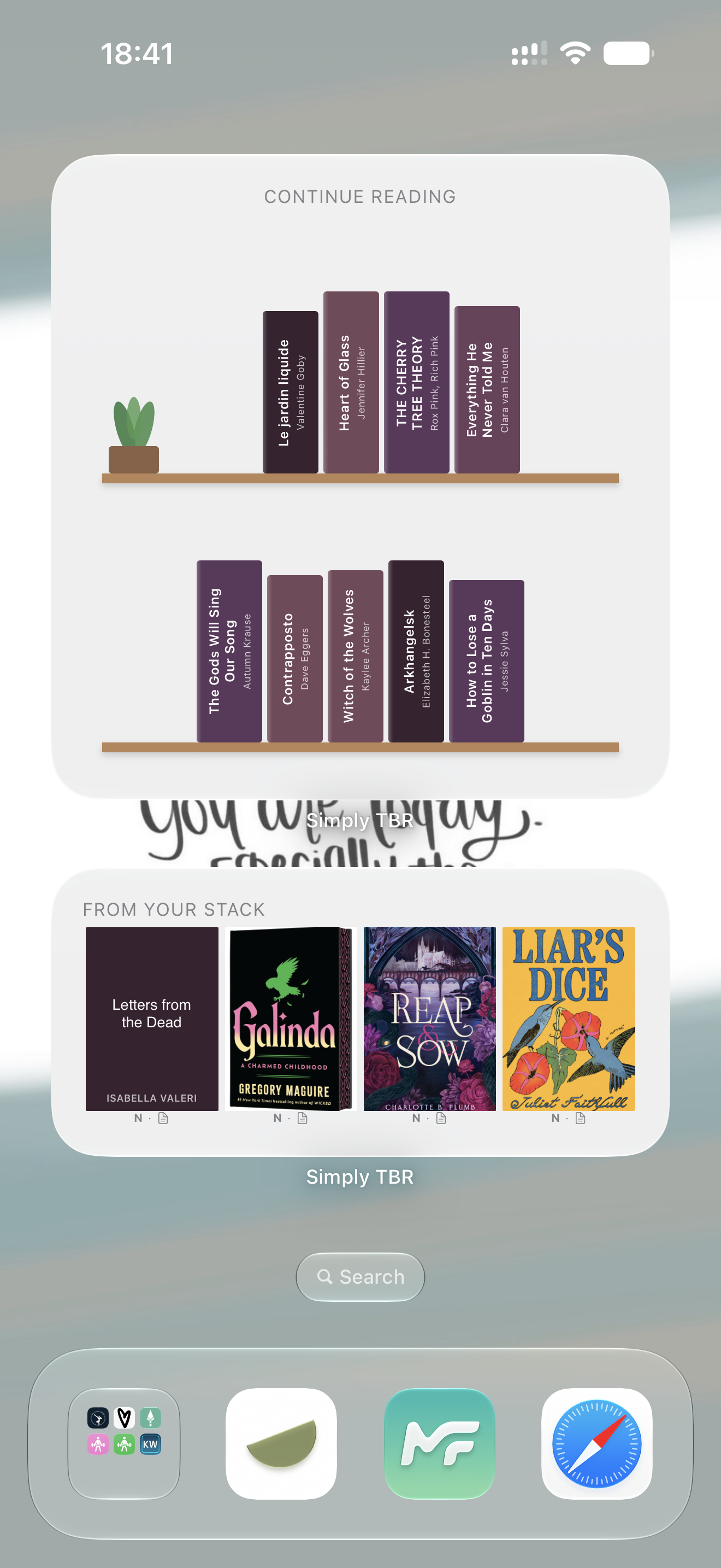 iPhone home screen showing two widgets: a Continue Reading widget with books displayed as spines on a shelf, and a From Your Stack widget showing four book covers.