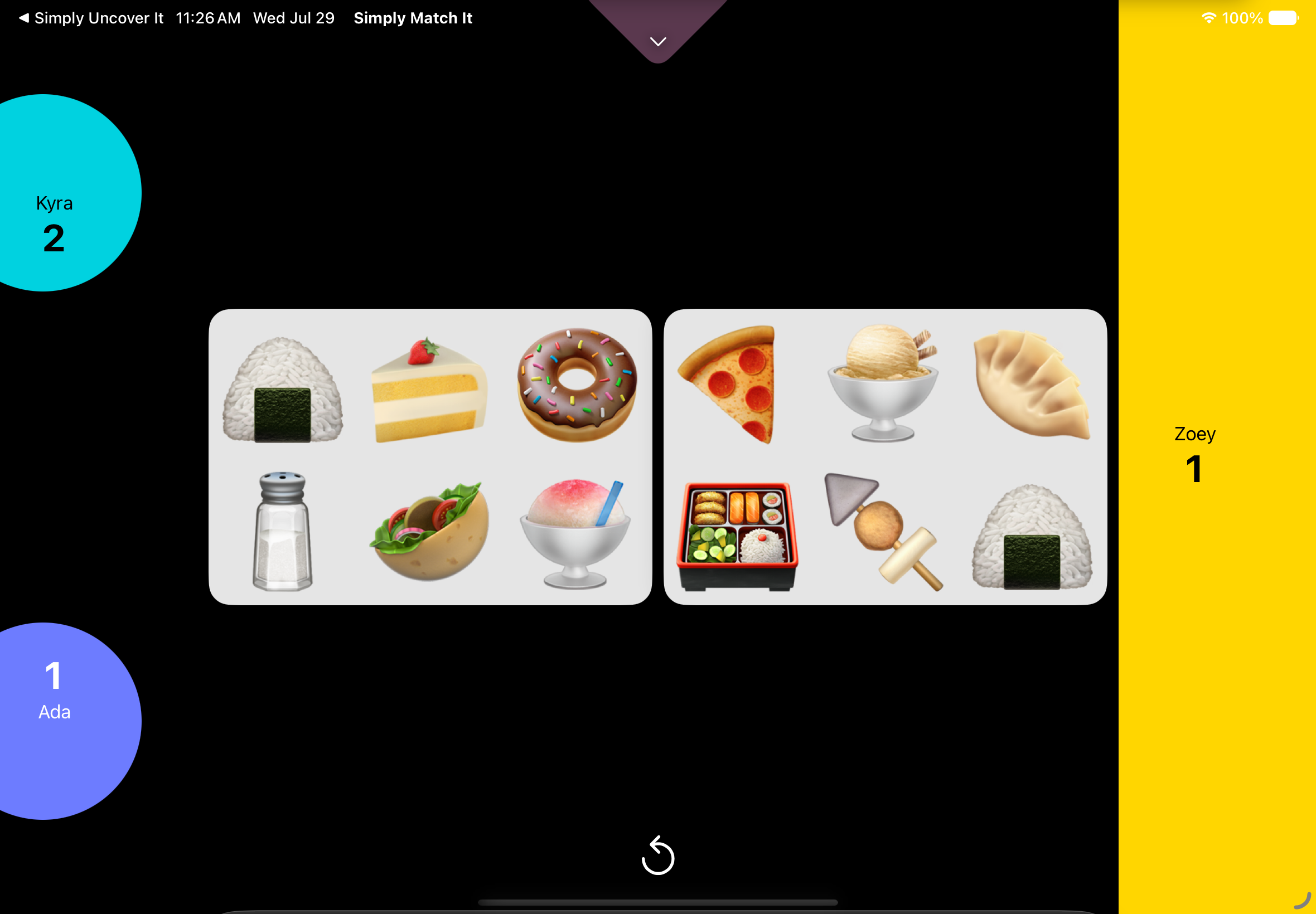 iPad screen in landscape showing a three-player round with players Kyra, Ada, and Zoey in colored circles around two grids of food emoji cards.