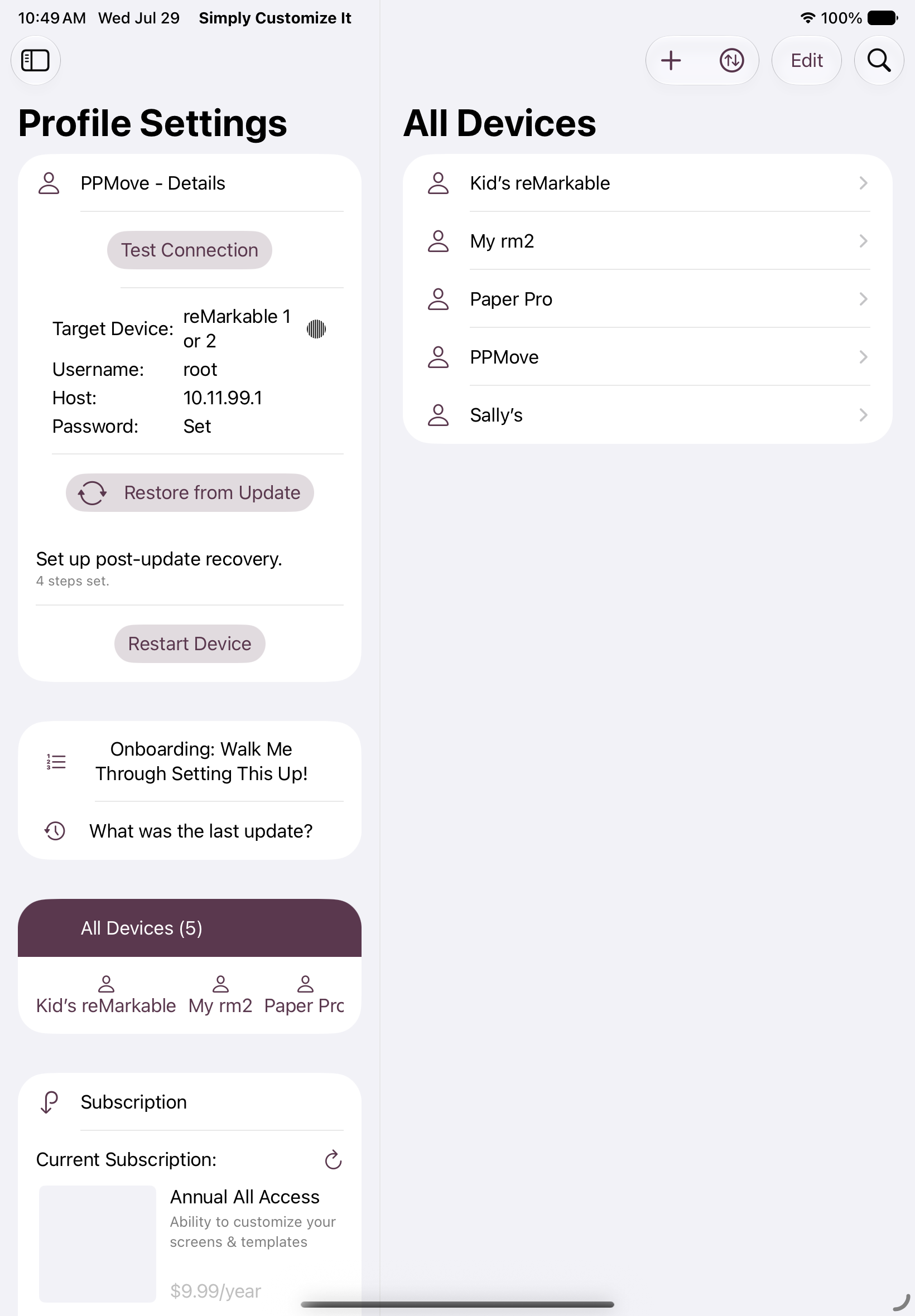 iPad screen in split view showing Profile Settings on the left with connection details and recovery setup, and a list of five reMarkable device profiles on the right.