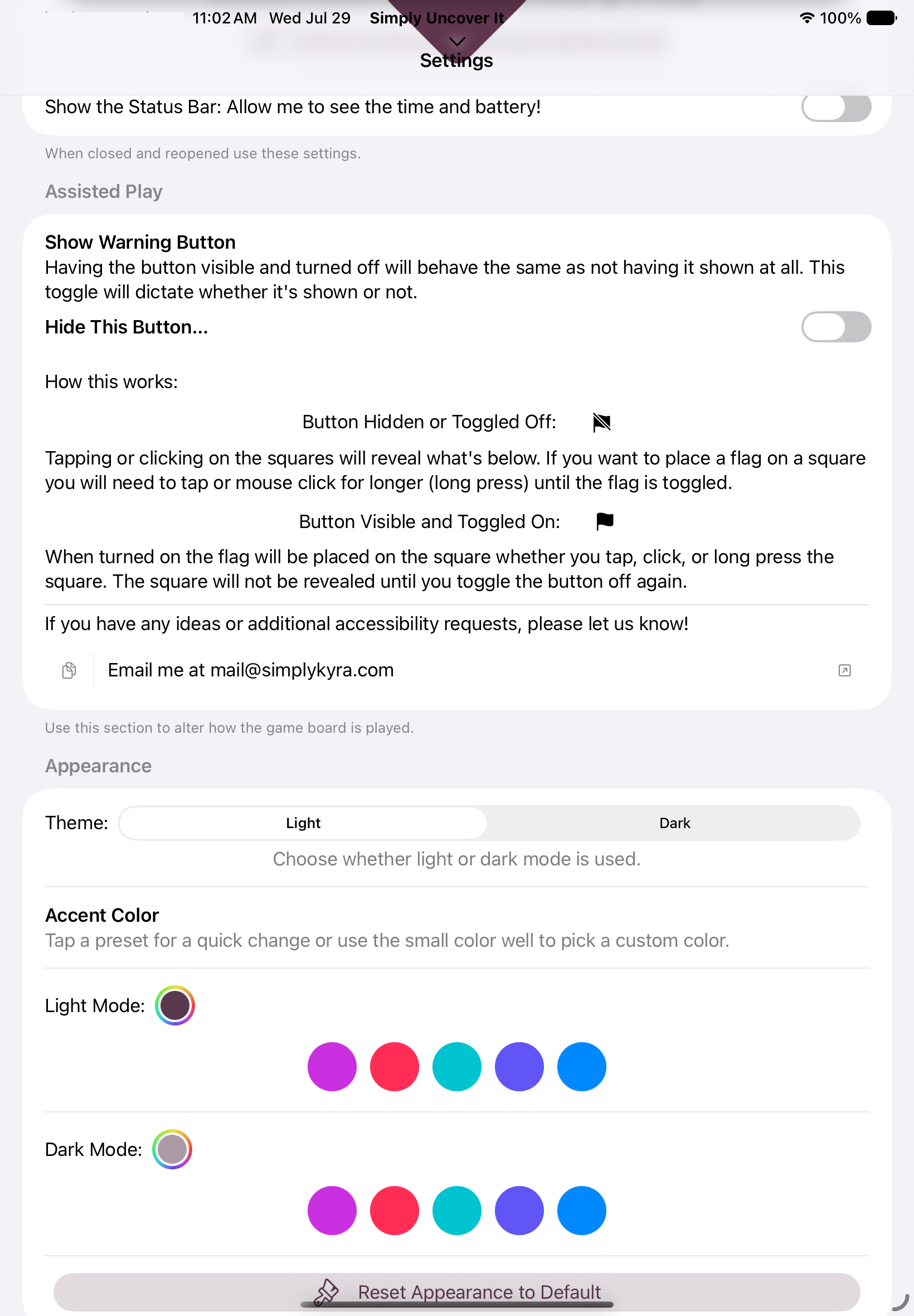 iPad screen showing the app's Settings page with an Assisted Play section explaining the Show Warning Button toggle, and an Appearance section with light/dark theme selection and accent color swatches for both modes.